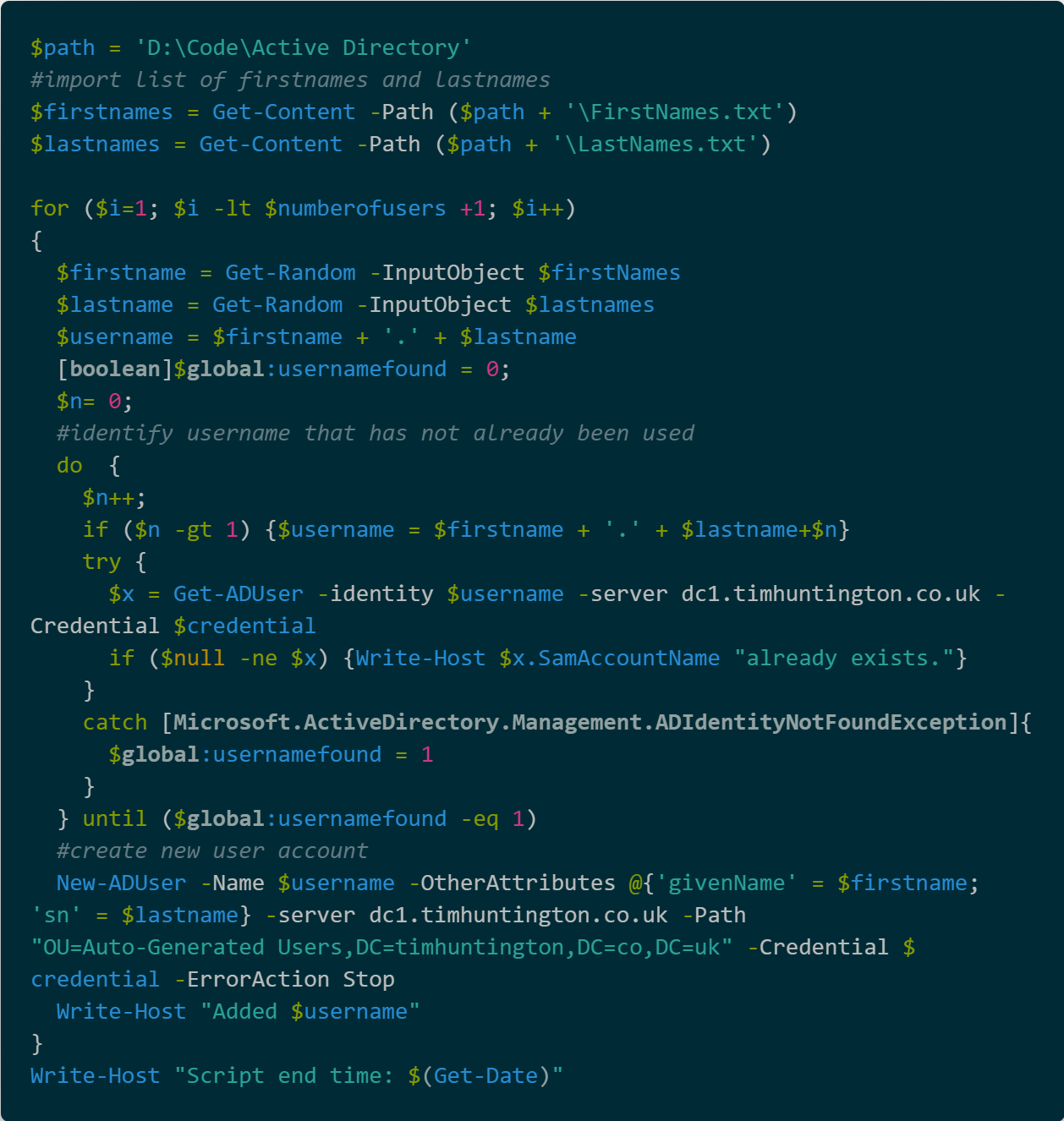 PowerShell code to create randomly named user accounts